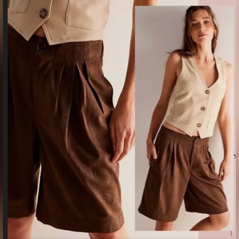 Free People Shorts Pleated Vegan Suede Boho Spring Summer Women's Size Medium